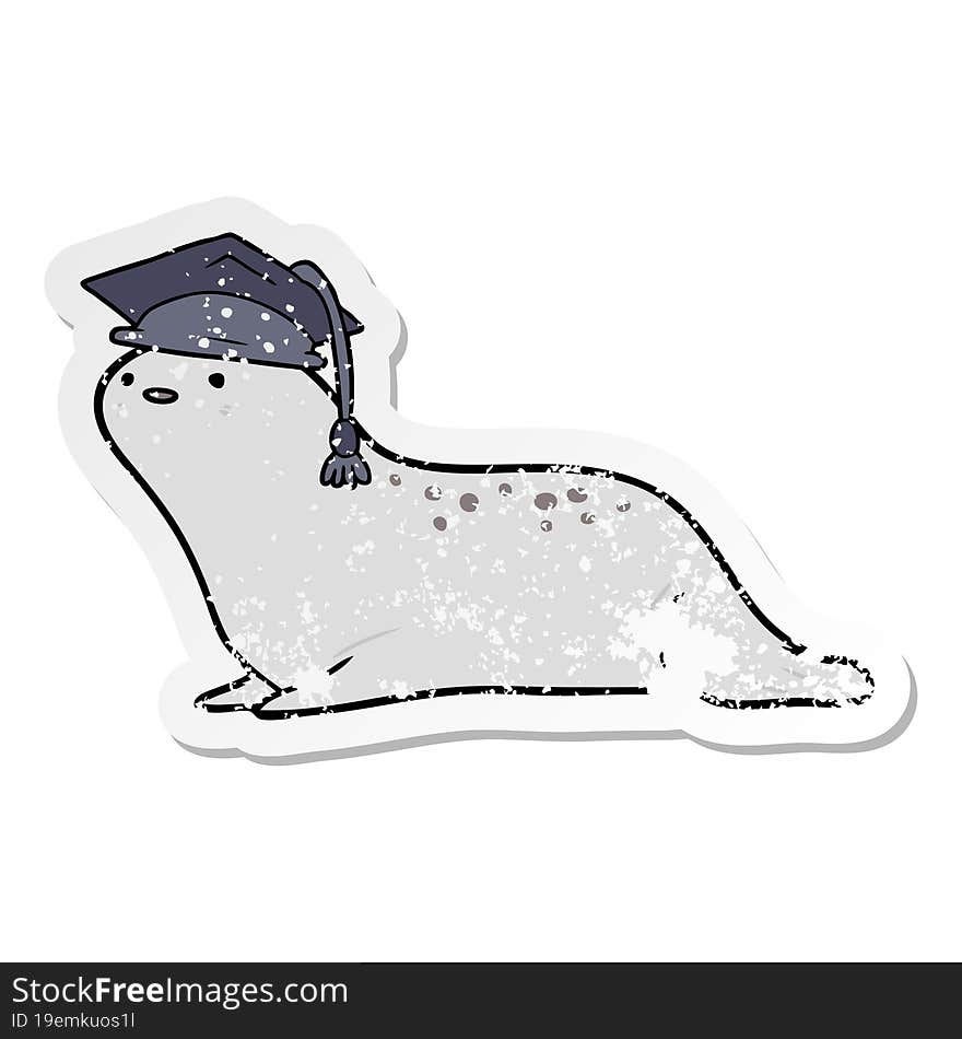 Distressed Sticker Of A Cartoon Graduate Seal