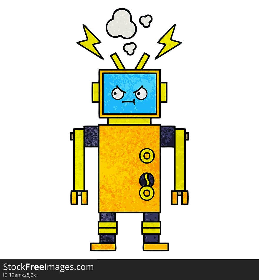 retro grunge texture cartoon of a malfunctioning robot