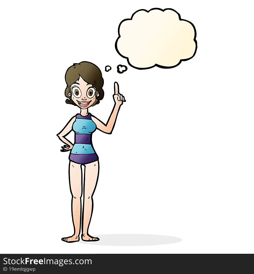 cartoon woman in striped swimsuit with thought bubble