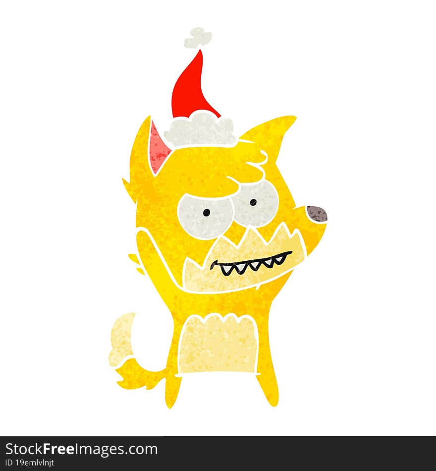 retro cartoon of a grinning fox wearing santa hat