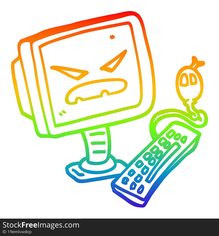 rainbow gradient line drawing of a cartoon evil computer