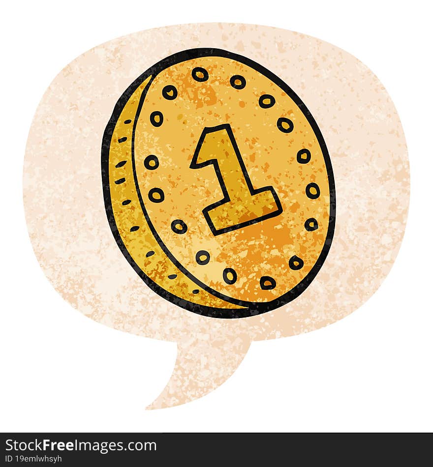 cartoon coin and speech bubble in retro textured style