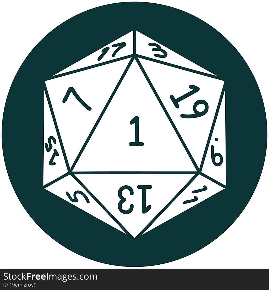 icon of natural 1 D20 dice roll. icon of natural 1 D20 dice roll