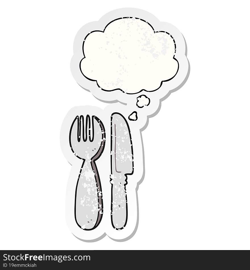 cartoon knife and fork with thought bubble as a distressed worn sticker