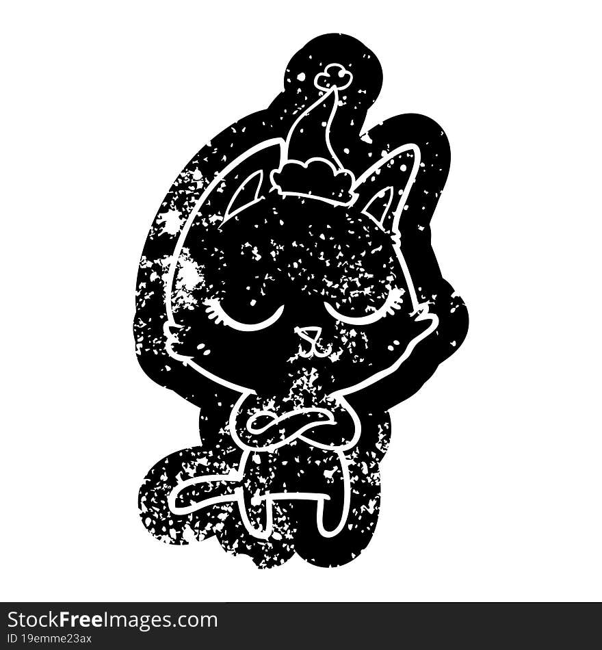 Calm Cartoon Distressed Icon Of A Cat Wearing Santa Hat