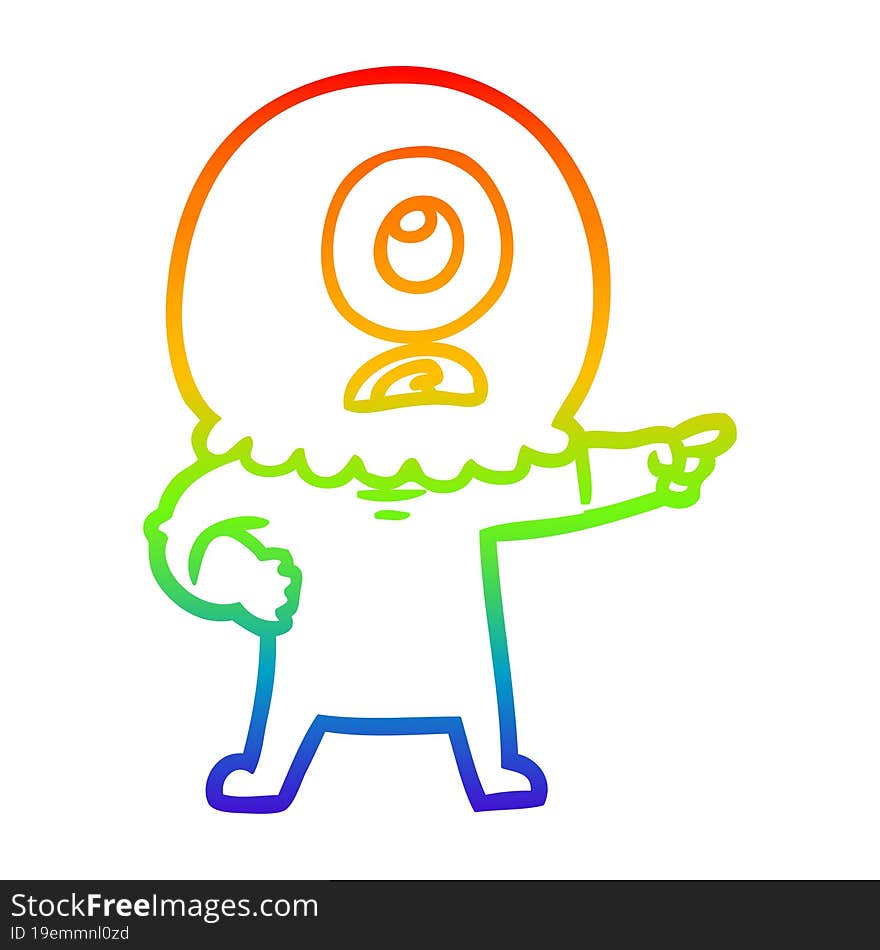 Rainbow Gradient Line Drawing Cartoon Cyclops Alien Spaceman Pointing