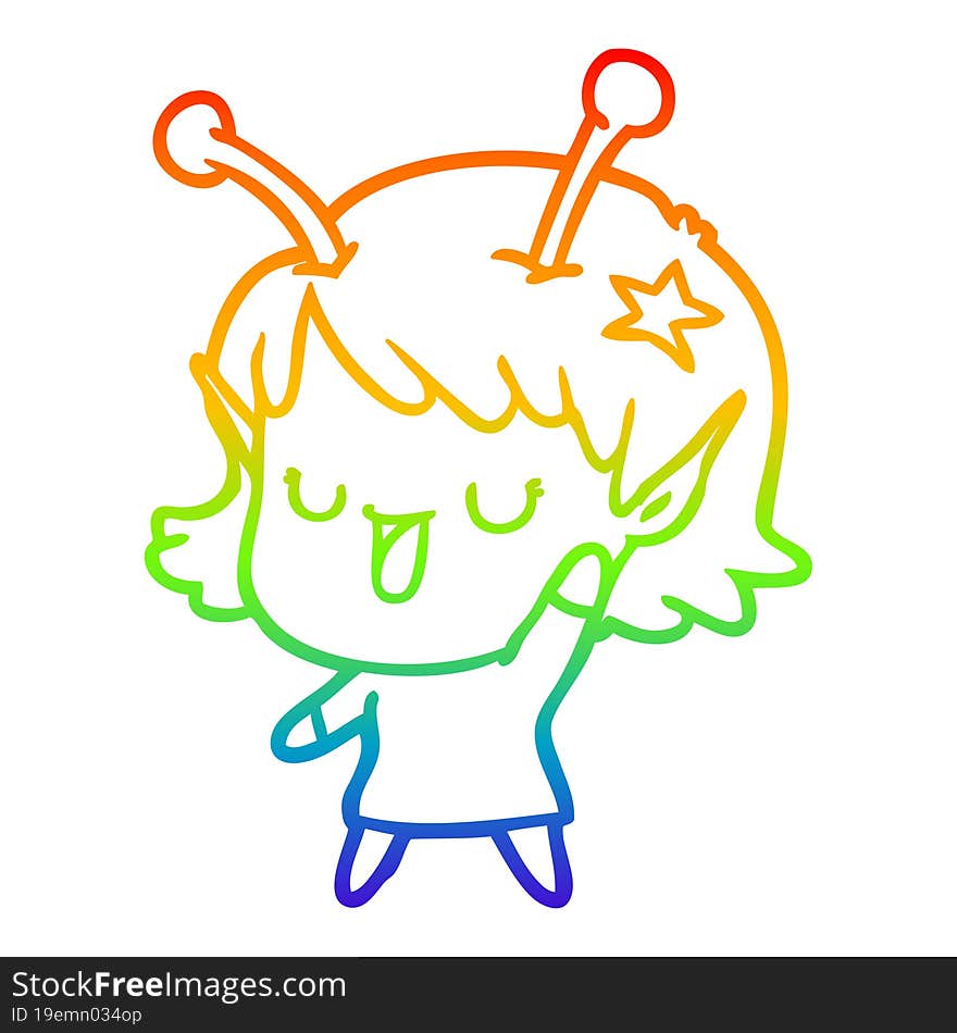 Rainbow Gradient Line Drawing Happy Alien Girl Cartoon