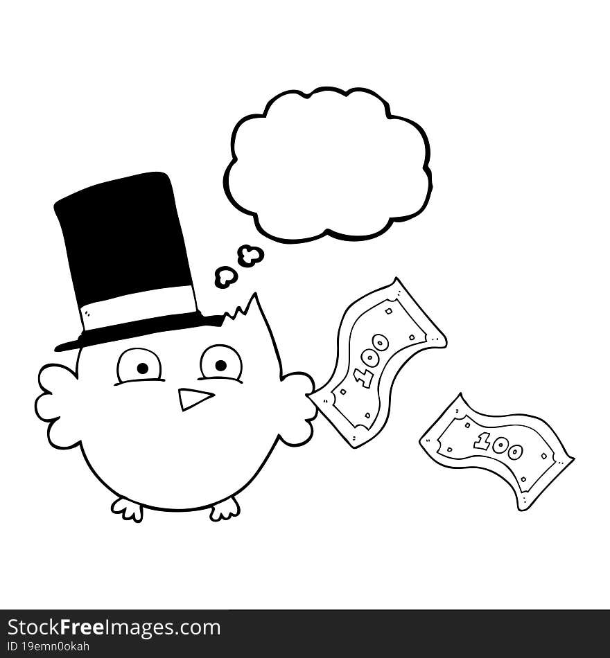 freehand drawn thought bubble cartoon wealthy little owl with top hat