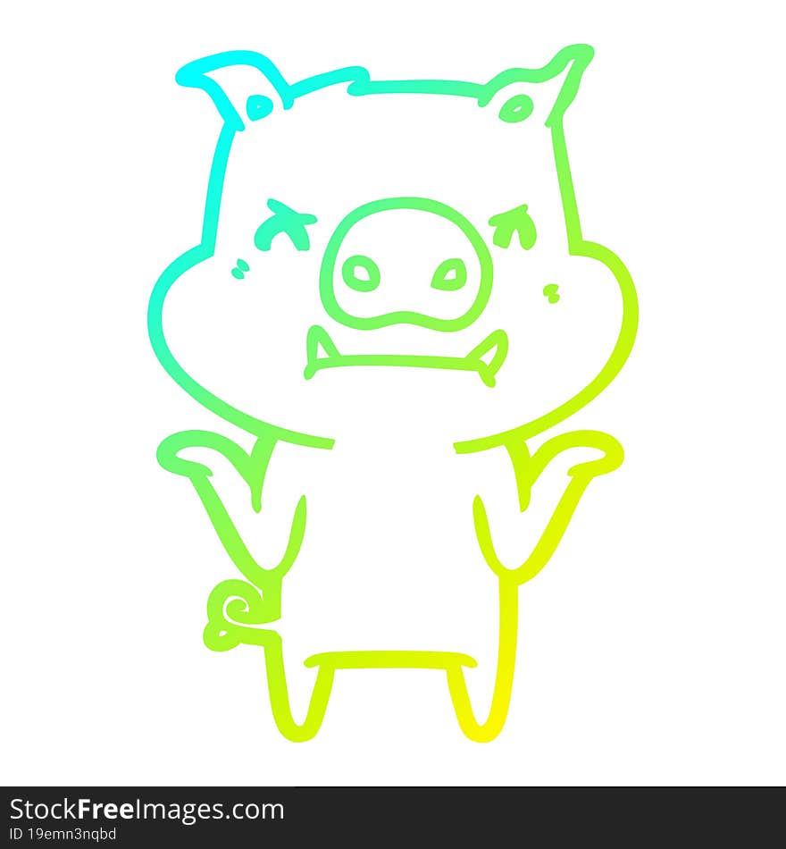 cold gradient line drawing of a angry cartoon pig shrugging shoulders