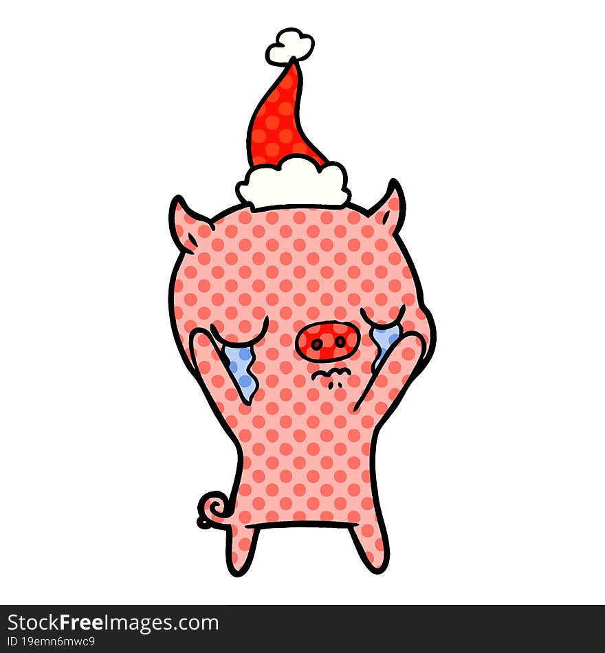 comic book style illustration of a pig crying wearing santa hat