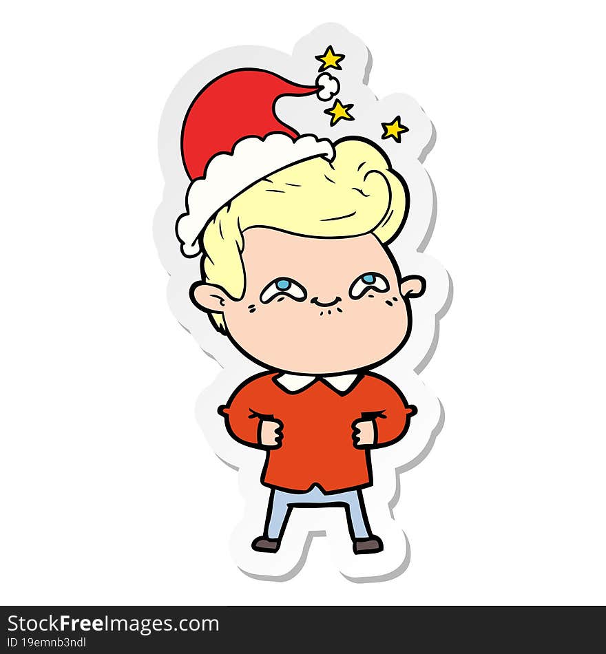 sticker cartoon of a excited man wearing santa hat