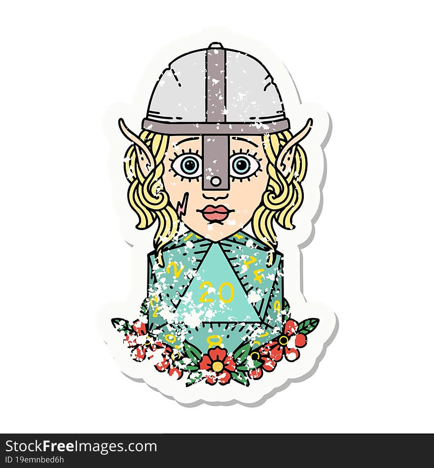 Elf Fighter With Natural Twenty Dice Roll Grunge Sticker