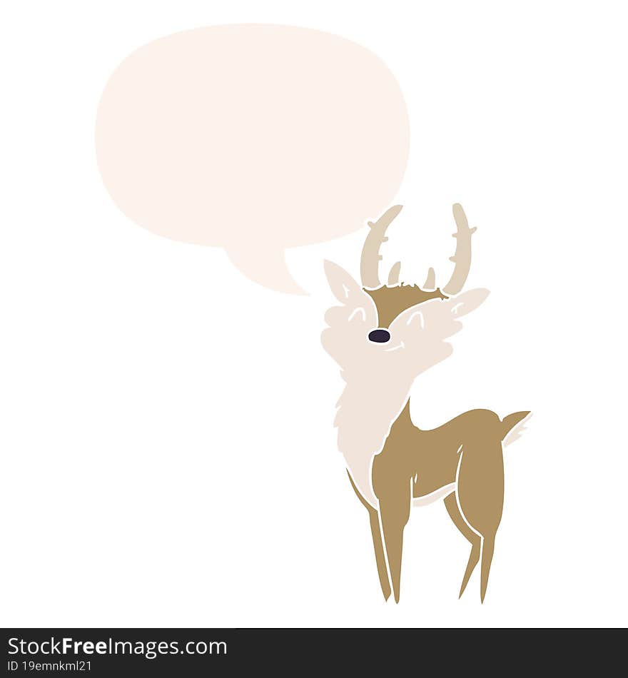 cartoon happy stag with speech bubble in retro style