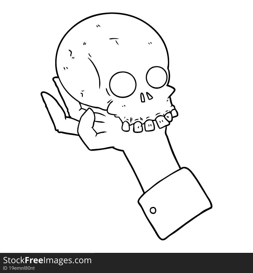 cartoon hand holding skull. cartoon hand holding skull