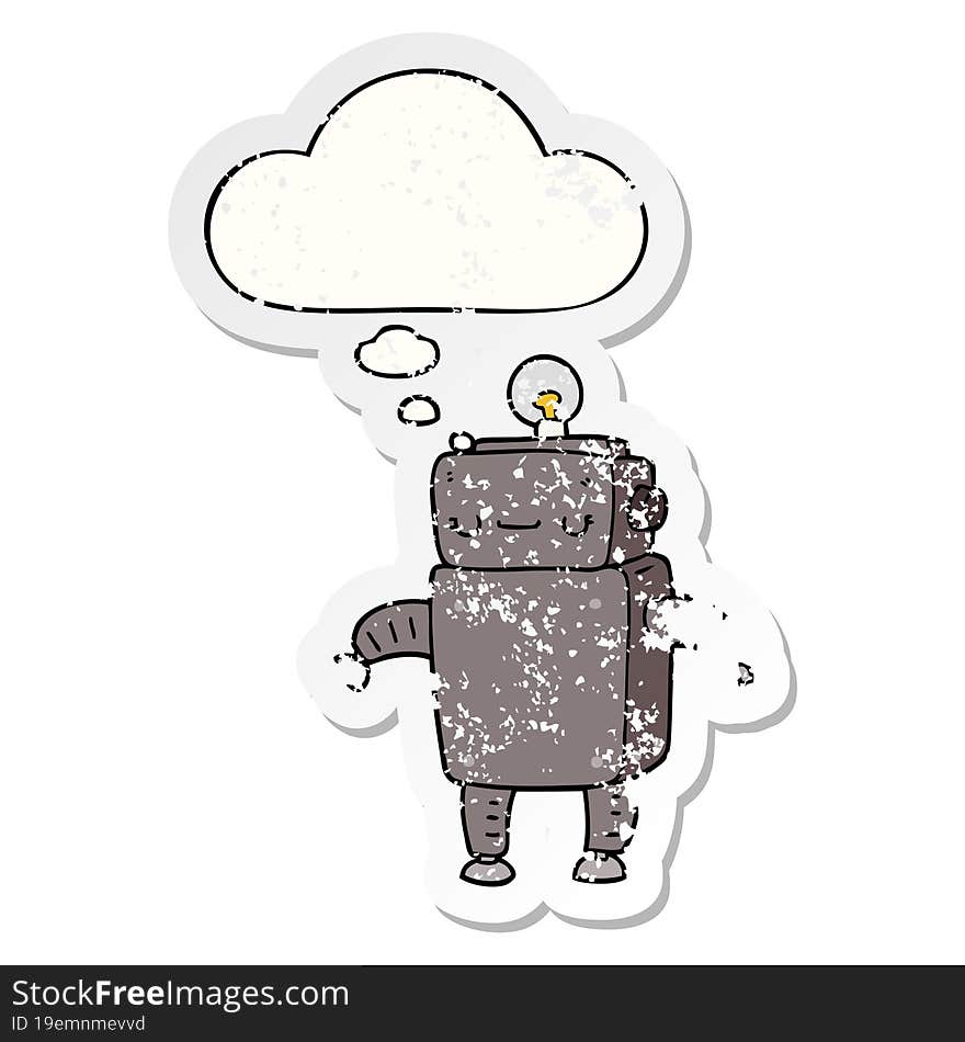 cartoon robot and thought bubble as a distressed worn sticker