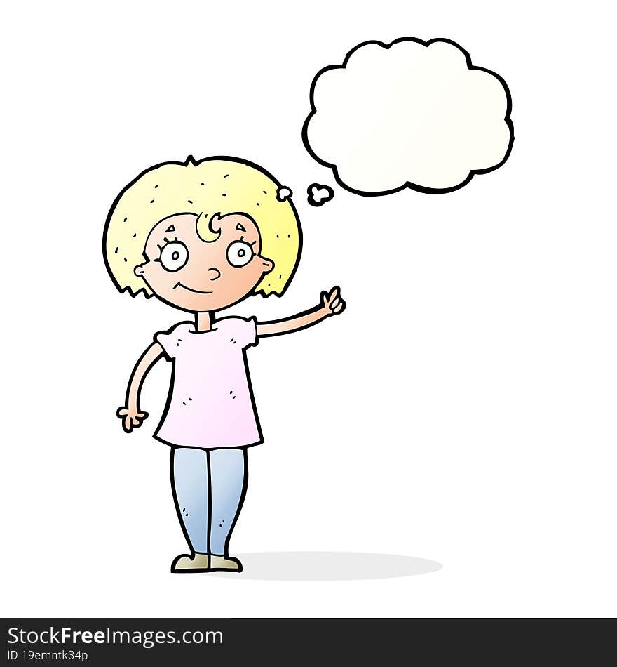 cartoon happy woman pointing with thought bubble