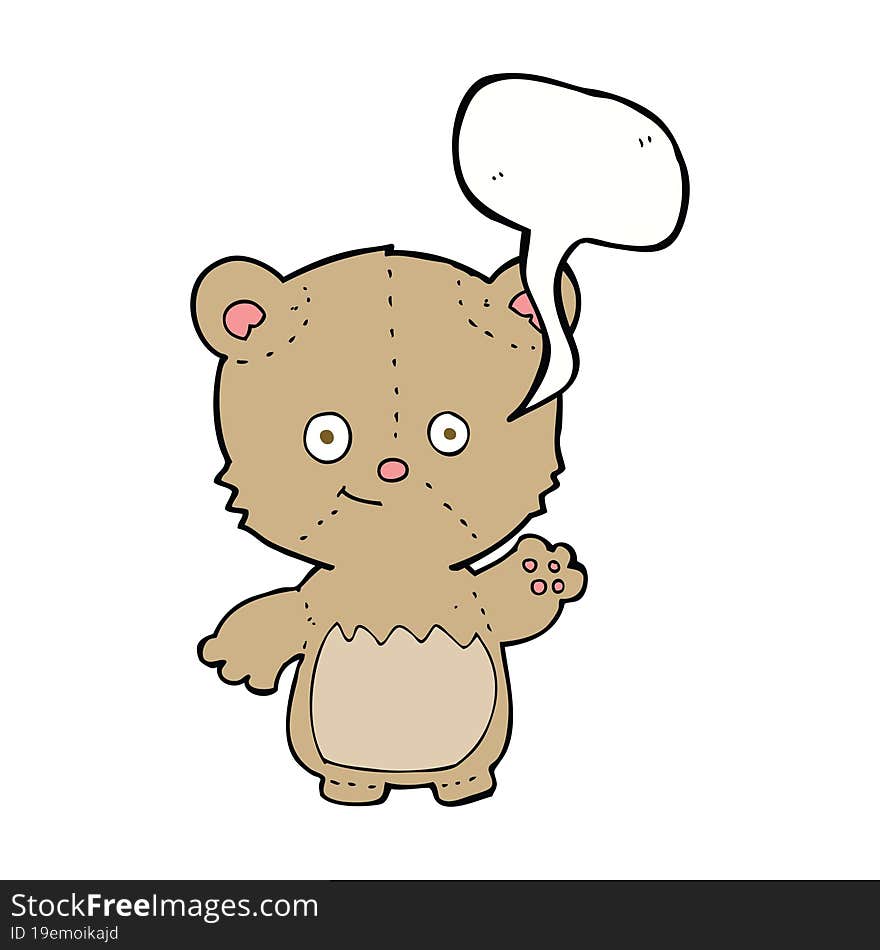 cartoon teddy bear waving with speech bubble