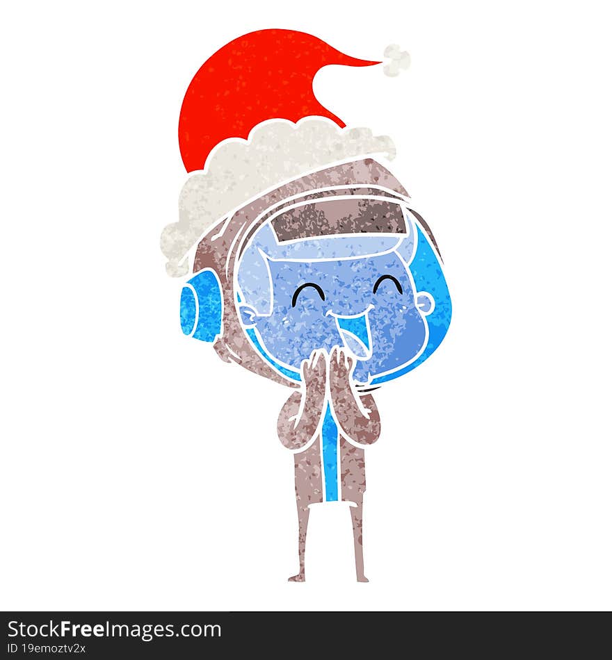 happy hand drawn retro cartoon of a astronaut wearing santa hat. happy hand drawn retro cartoon of a astronaut wearing santa hat