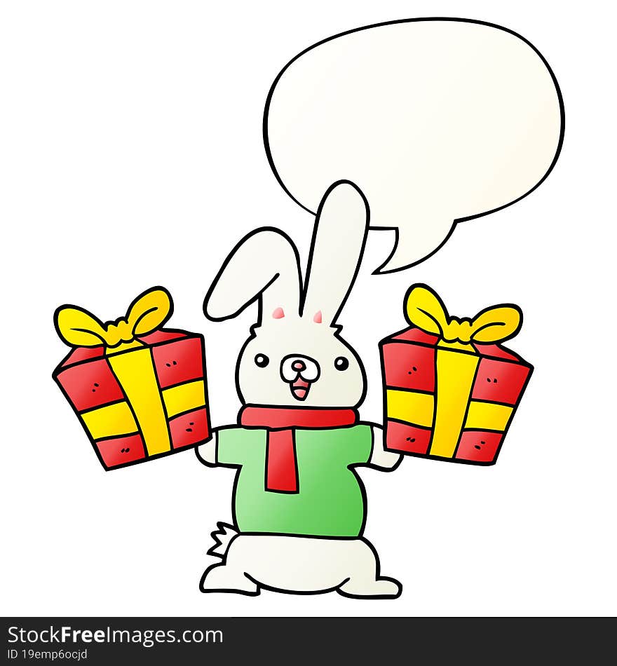 cartoon rabbit and christmas presents and speech bubble in smooth gradient style