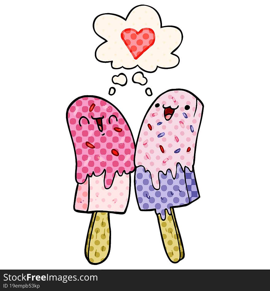 cartoon ice lolly in love and thought bubble in comic book style