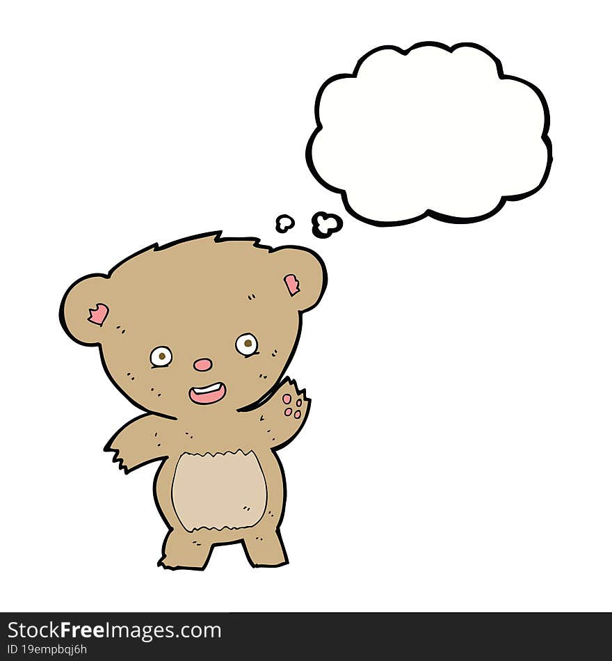 cartoon waving teddy bear with thought bubble