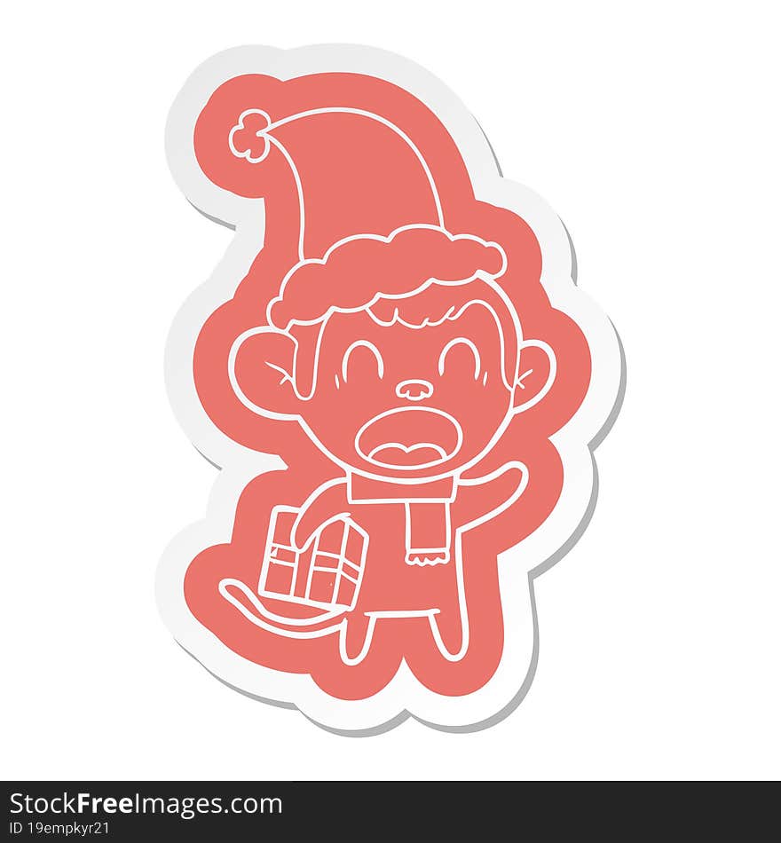 shouting cartoon  sticker of a monkey carrying christmas gift wearing santa hat