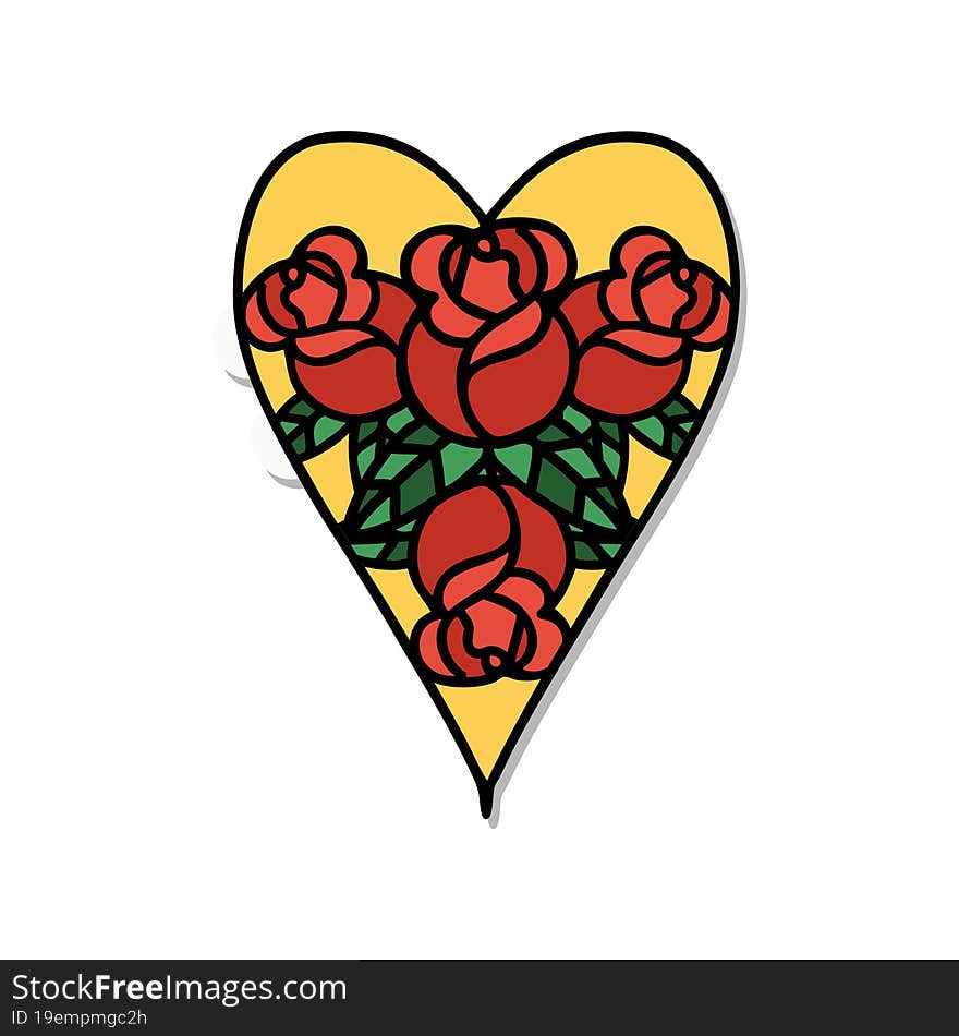 sticker of tattoo in traditional style of a heart and flowers. sticker of tattoo in traditional style of a heart and flowers