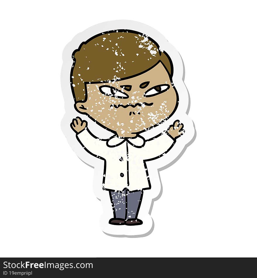 distressed sticker of a cartoon angry man