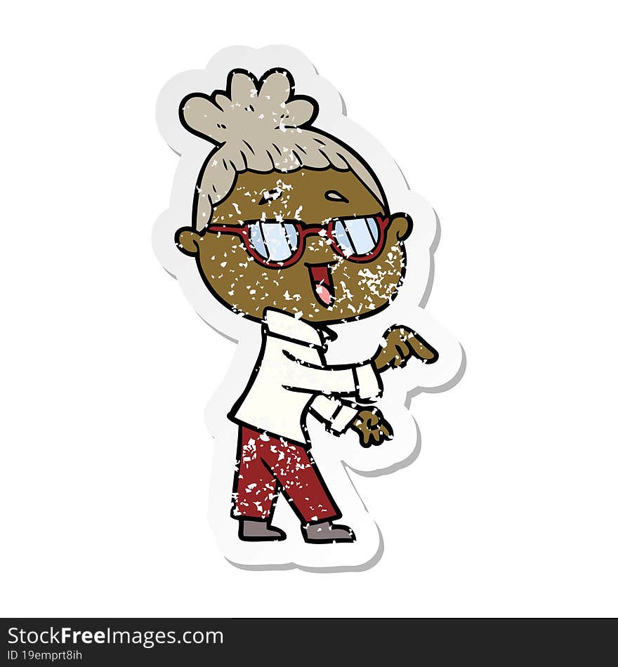 distressed sticker of a cartoon happy woman wearing spectacles