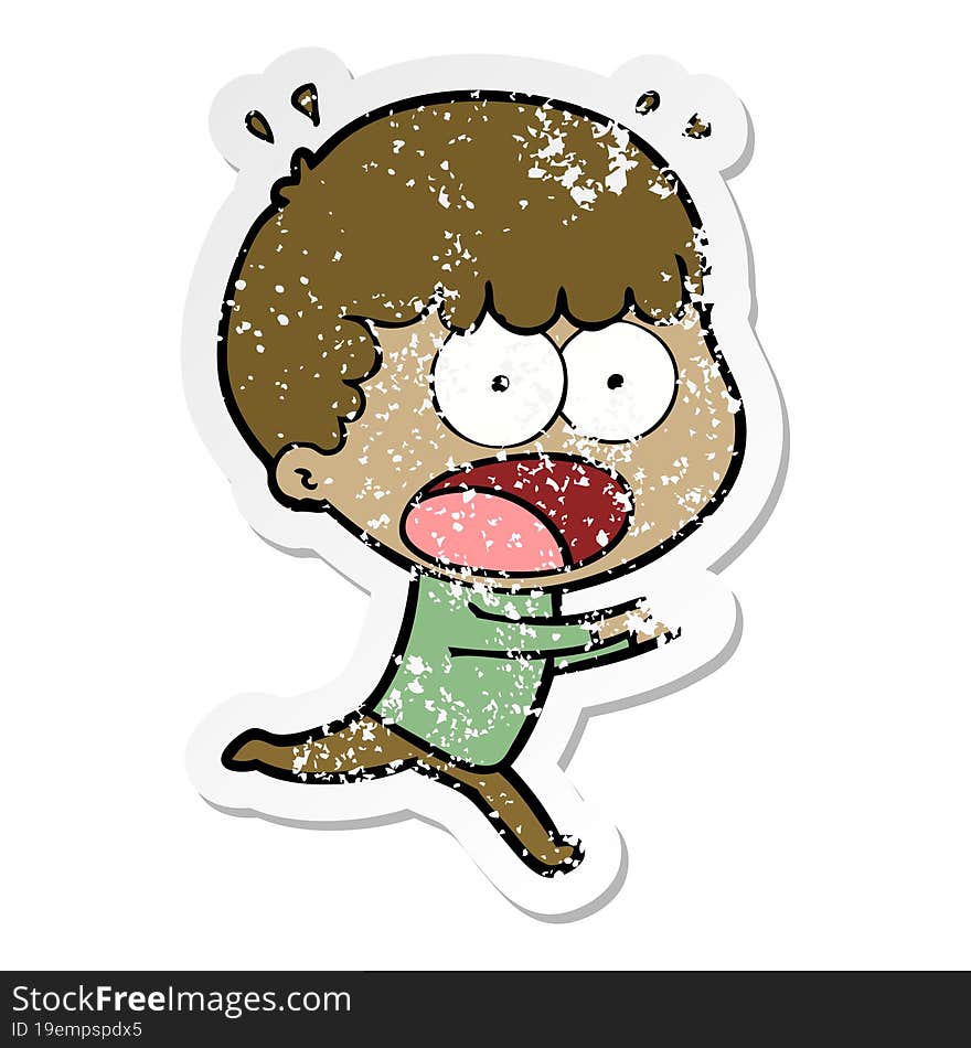 distressed sticker of a cartoon shocked man