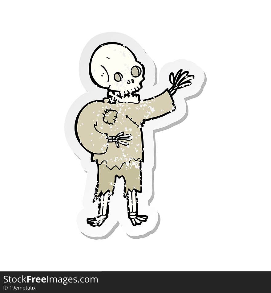 retro distressed sticker of a cartoon skeleton waving