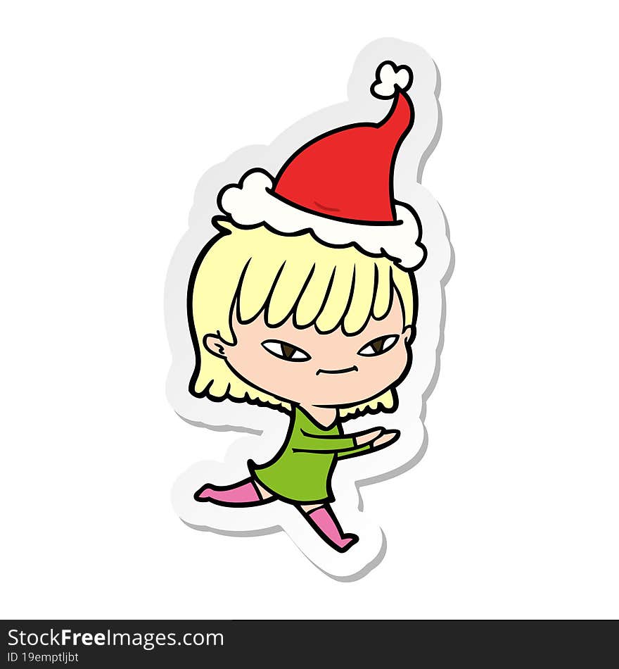 hand drawn sticker cartoon of a woman wearing santa hat