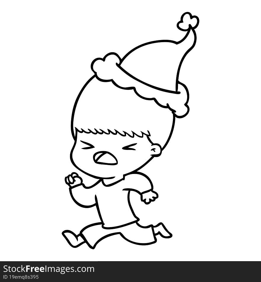 line drawing of a stressed man wearing santa hat