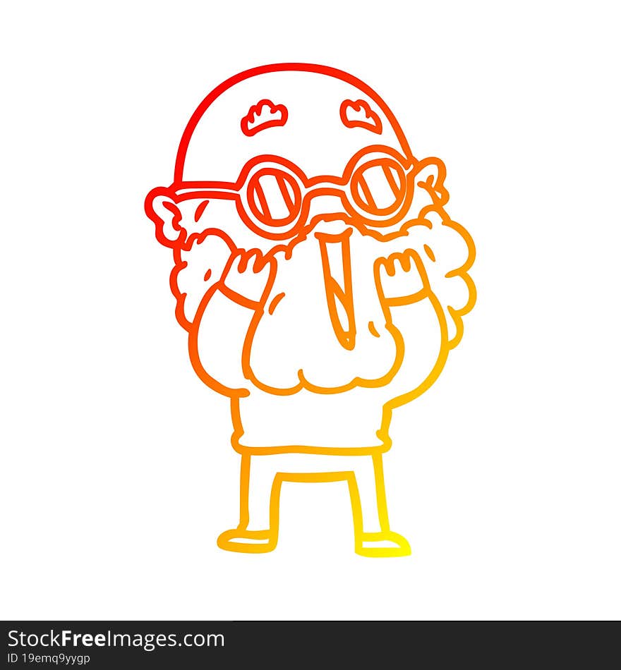 warm gradient line drawing of a cartoon amazed man with beard