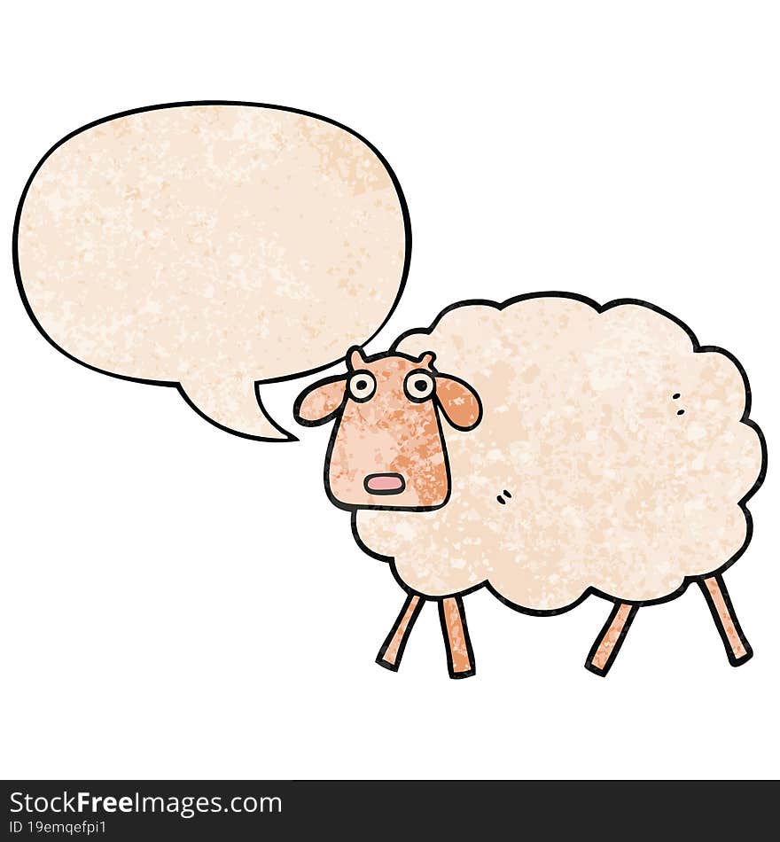 cartoon sheep and speech bubble in retro texture style