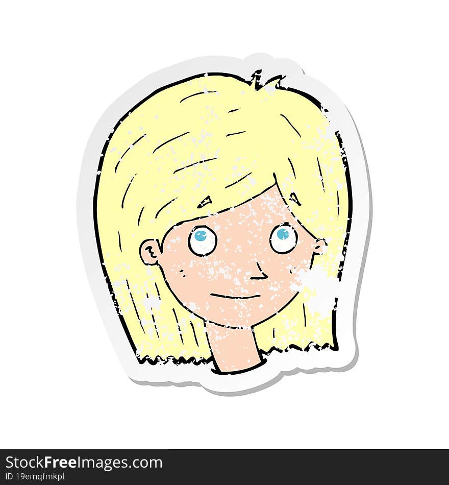 Retro Distressed Sticker Of A Cartoon Happy Female Face