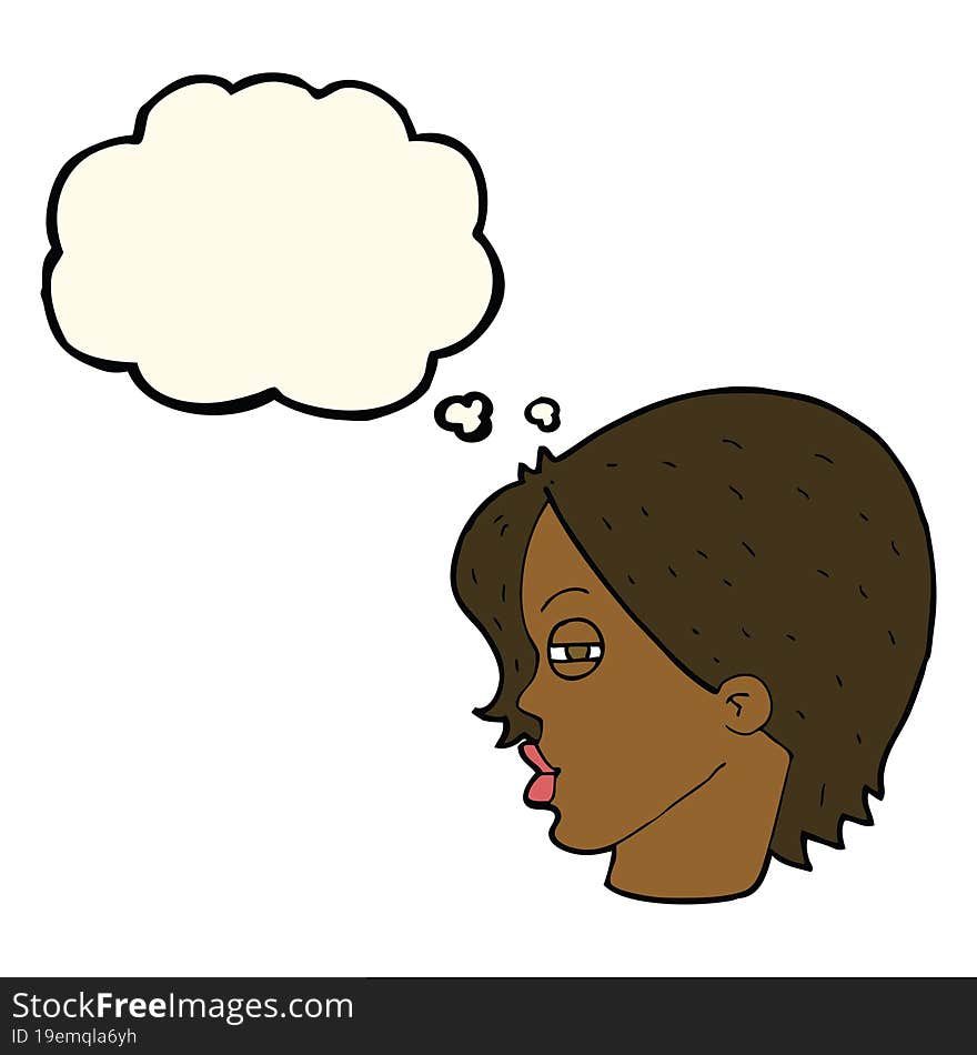 cartoon female face with narrowed eyes with thought bubble