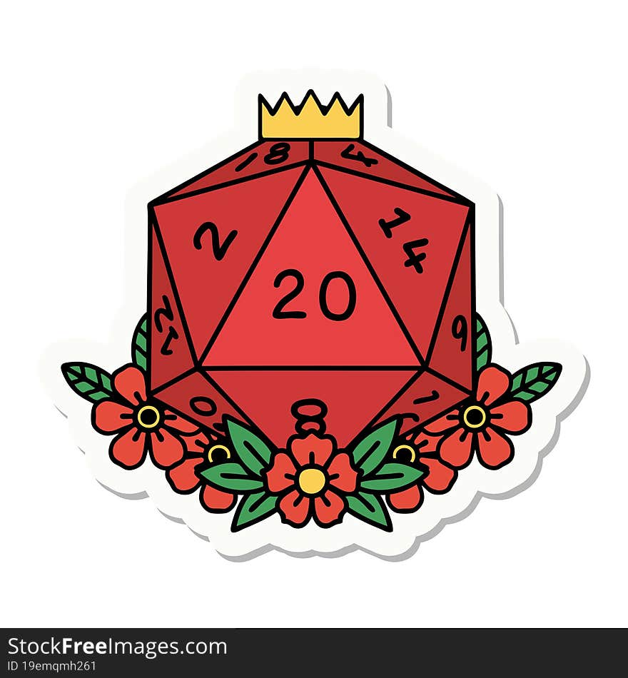 sticker of tattoo in traditional style of a d20. sticker of tattoo in traditional style of a d20