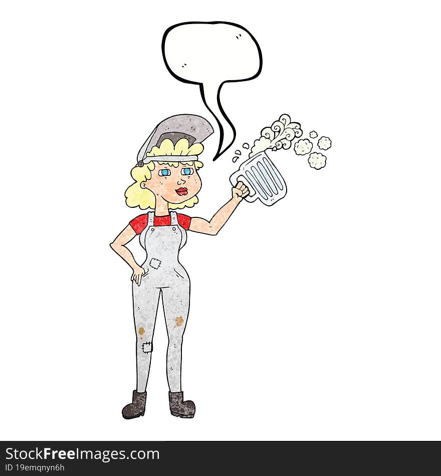 speech bubble textured cartoon hard working woman with beer