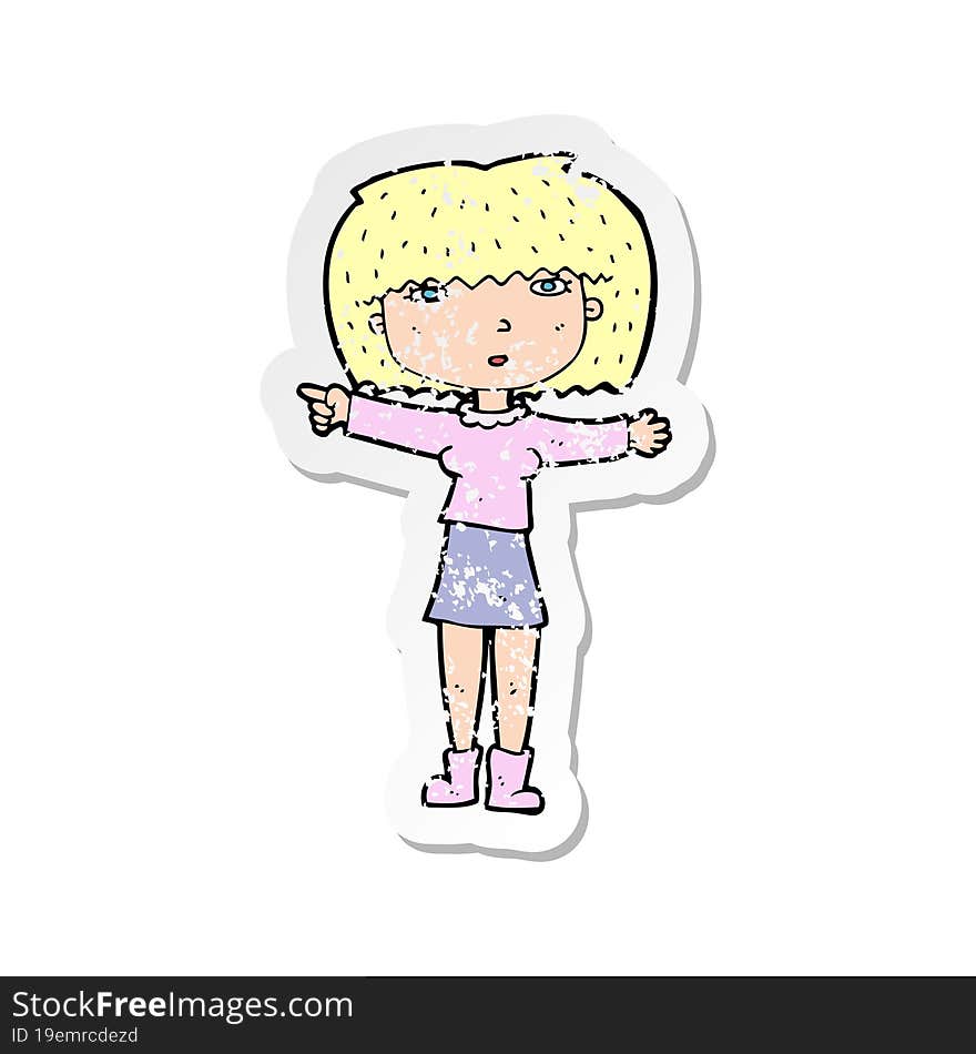 retro distressed sticker of a cartoon girl pointing