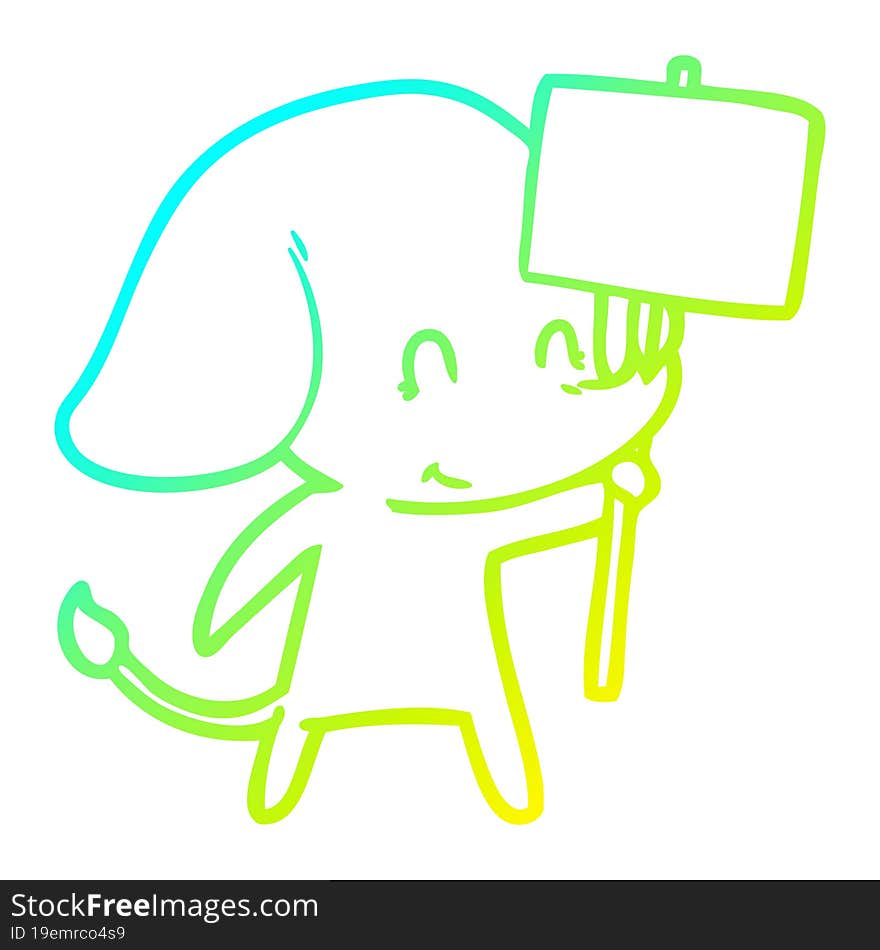 Cold Gradient Line Drawing Cute Cartoon Elephant With Sign