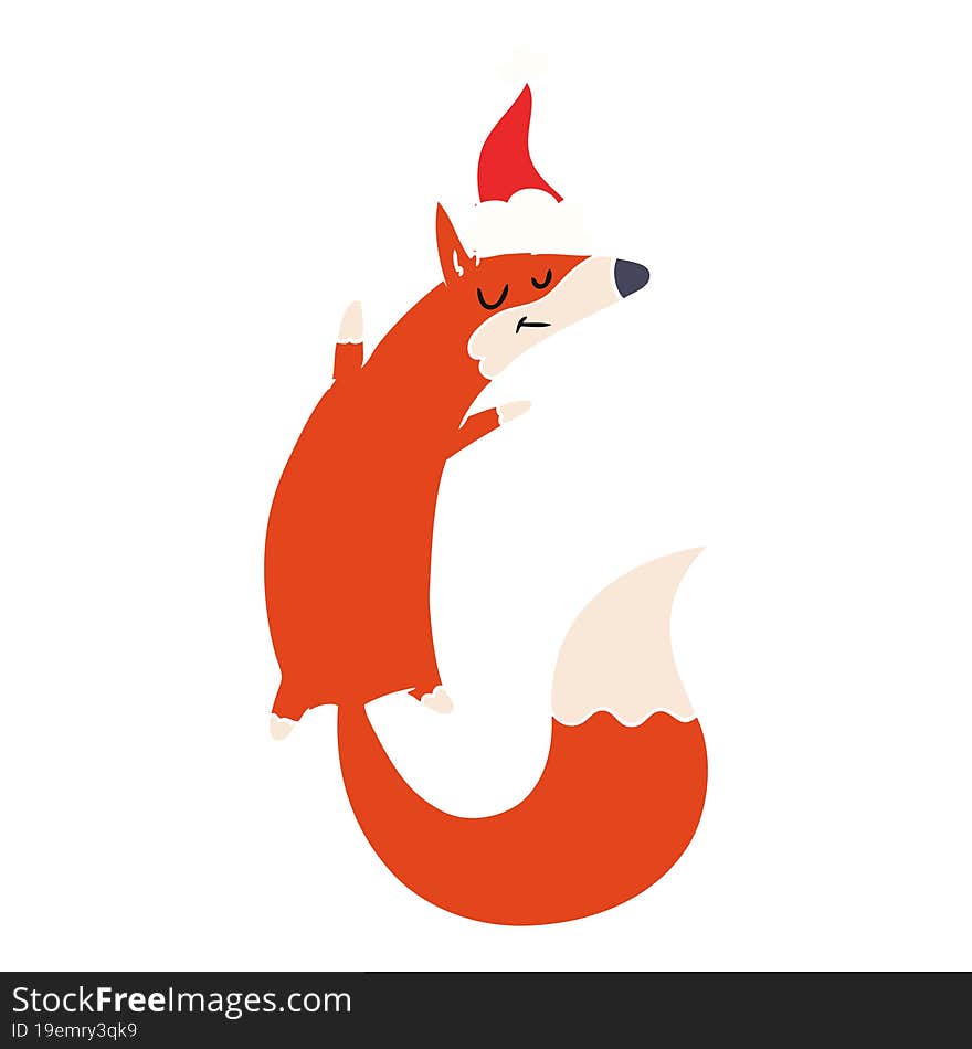 flat color illustration of a jumping fox wearing santa hat