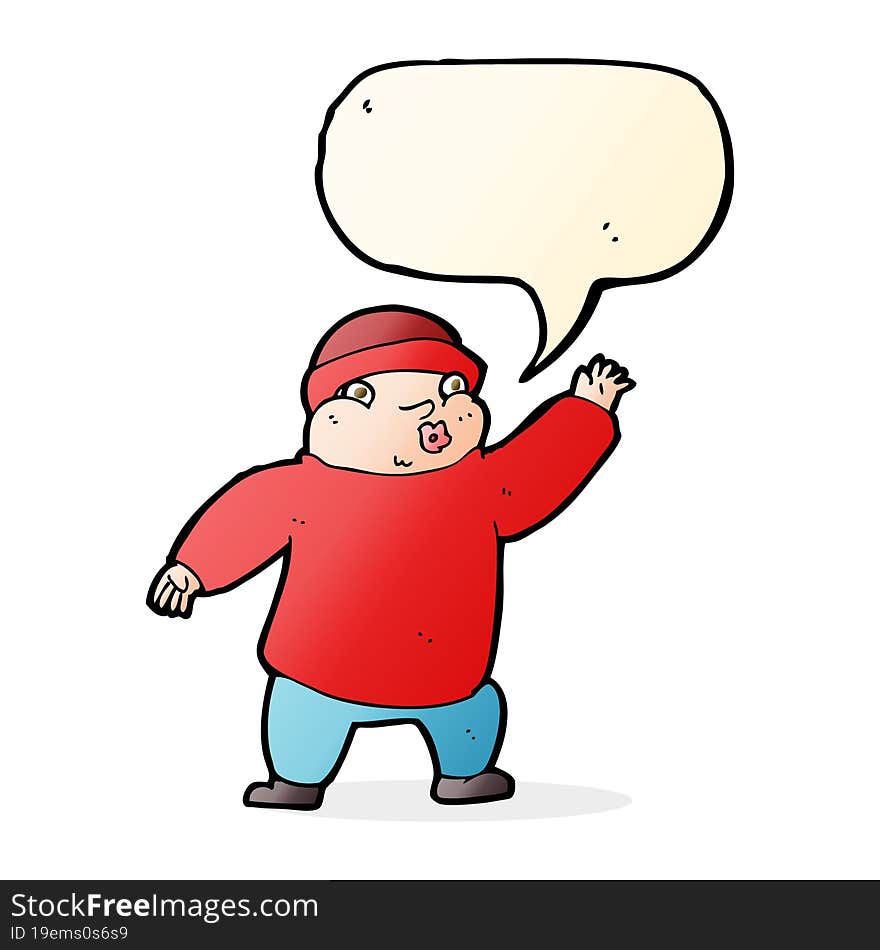 Cartoon Man In Hat Waving With Speech Bubble