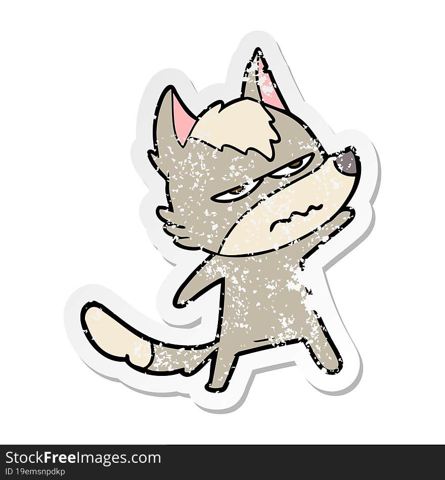 distressed sticker of a cartoon annoyed wolf