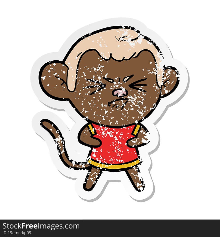 distressed sticker of a cartoon annoyed monkey