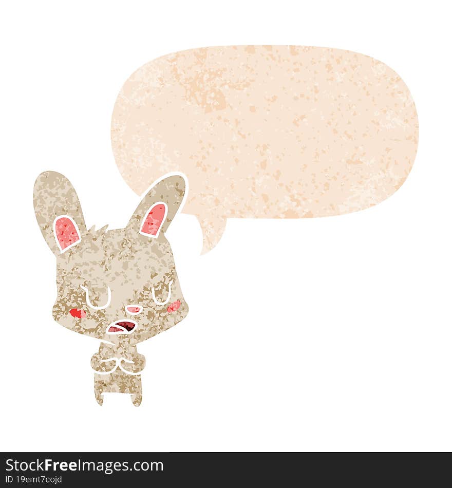 cartoon rabbit talking with speech bubble in grunge distressed retro textured style. cartoon rabbit talking with speech bubble in grunge distressed retro textured style