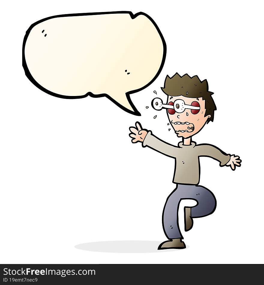 cartoon terrified man with eyes popping out with speech bubble