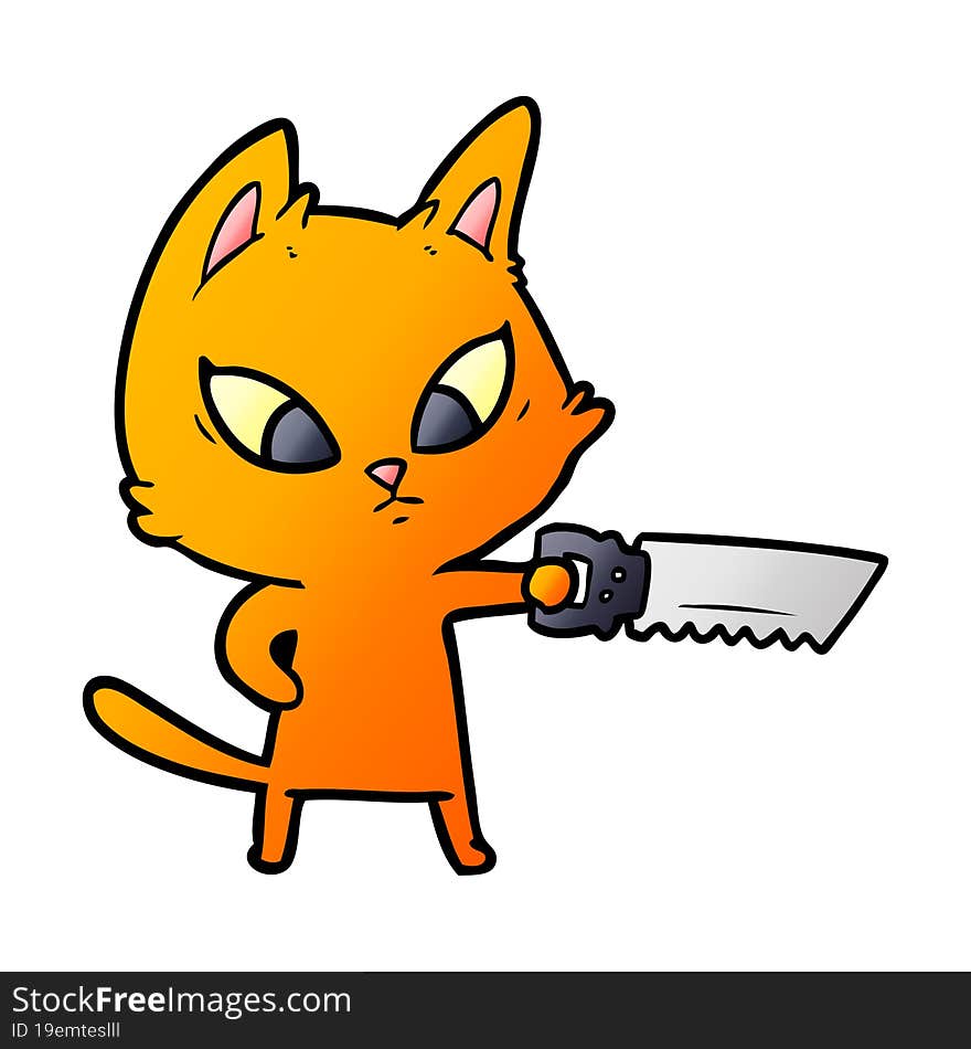 confused cartoon cat with saw. confused cartoon cat with saw