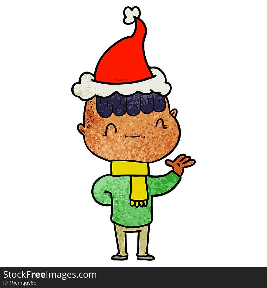 textured cartoon of a friendly boy wearing santa hat