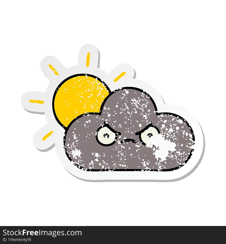 distressed sticker of a cute cartoon storm cloud and sun